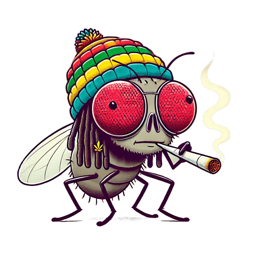 Le Dookie: a fly with big round red glasses, dreadlocks and a striped red, gold and green knit cap, smoking a joint.