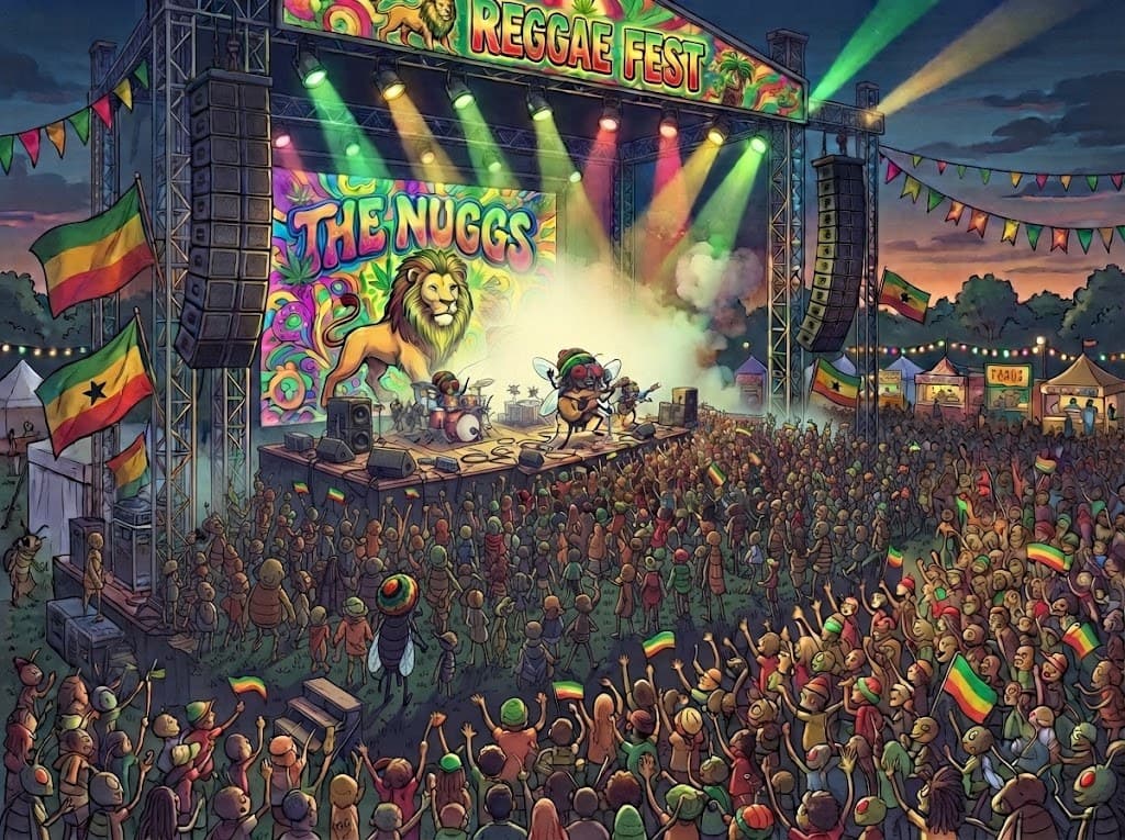 A drawing of Le Dookie on a big outdoor stage under green and red lights, a lion on the banner behind him and a crowd in front.