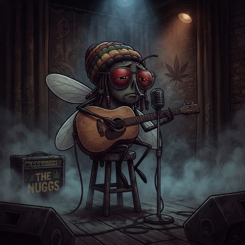 A drawing of Le Dookie alone on a stool with an acoustic guitar, singing into a microphone on a dark, smoky stage.