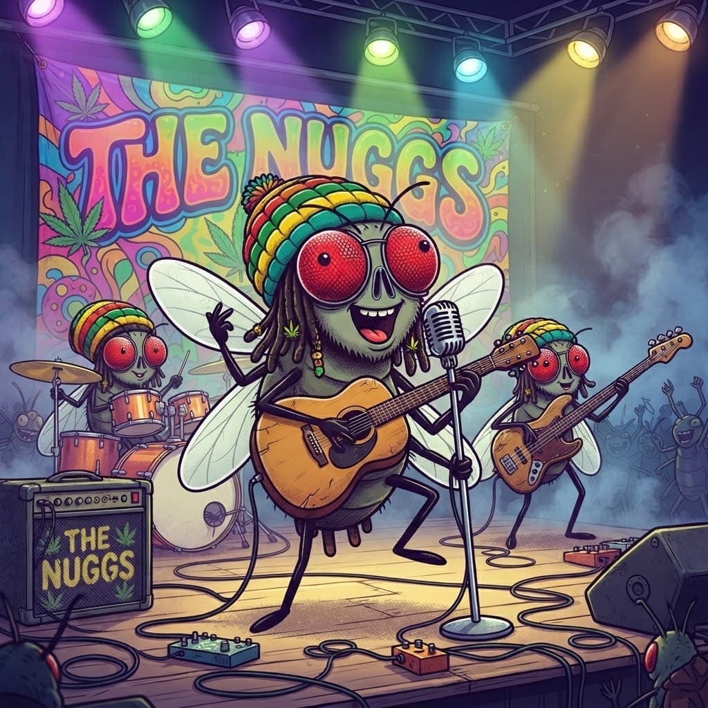 A drawing of Le Dookie at the front of a stage with an acoustic guitar, two more flies playing behind him and The Nuggs painted on the backdrop.