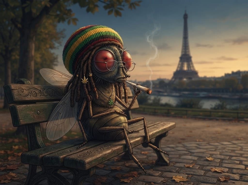 A drawing of Le Dookie sitting on a park bench in Paris, smoking, with the Eiffel Tower behind him.
