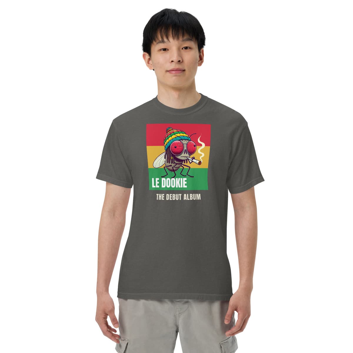 The Debut Album band tee: a mockup from the printer.